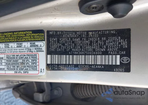 2005 Toyota Avalon Xl из США, поврежденный, VIN 4T1BK36B75U034400